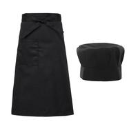 1 delantal negro, 1 gorro de catering, delantal de corbata, delantal de cocinero con bolsillos, delantal de media cintura, adecuado para el hogar y el restaurante