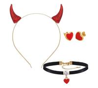 1 Diadema De Cuerno, 1 Collar De Corazón Rojo Y 1 Par De Aretes De Corazón Rojo, Accesorios De Fiesta, Trajes De Disfraces Navideños, Accesorios De Rol, Ropa De Fiesta Femenina.