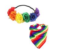 1 diadema de flores de arco iris de imitación con 1 pañuelo cuadrado de arcoíris, diadema de novia para boda, accesorios para el cabello de arco iris de viaje de vacaciones para el mes del orgullo.