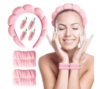 1 diadema de pelo para mujer, 2 piezas de puños para el lavado facial, con 4 pinzas para el cabello, suaves Spa bandas absorbentes y elásticas, para el cuidado de la piel, el lavado y la ducha (rosa)