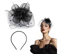 1 diadema de velo, tocado de malla, accesorio para el pelo de novia, clip de flores con plumas, diadema con sombrero (negro)