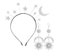 1 diadema para mujer, 1 par de pendientes de estrella y luna, diadema plateada con purpurina, adecuada para fiestas, cosplay y fiestas de cumpleaños