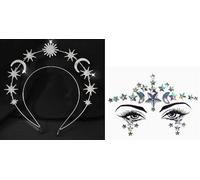 1 Diadema Plateada De Doble Capa Hecha De Sol, Estrella Y Luna, 1 Pegatina De Cara De Estrella Y 1 Collar De Diamantes De Imitación De Estrella Y Luna, Adecuado Para Vestidos Temáticos.