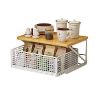 1-Eben - Organizador de cocina de metal, cajón extensible, multifuncional para almacenar aperitivos, bolsas de té y pequeños electrodomésticos, organizador que ahorra espacio (color blanco y madera
