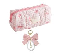 1 Estuche De Lápices Para Niña Linda Y 1 Llavero, Estuche De Lápices Con Estampado De Lazo, Estuche De Lápices Pequeño Estético Rosa, Bolsa De Almacenamiento De Maquillaje.