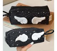 1 estuche de peluche 3D con diseño de alas de ángel y estrellas, Negro | Estuche de gran capacidad para lápices, diseño de alas de ángel 3D, organizador de maquillaje, 19 x 7,5 x 6,5 cm