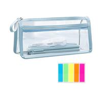 1 estuche transparente con 100 pegatinas fluorescentes, estuche de PVC transparente, bolsa de cosméticos portátil, bolsa de artículos de papelería, adecuado para oficina, escuela, viajes (azul), azul,