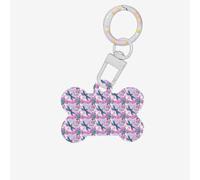 1 etiqueta de identificación con forma de hueso de perro con diseño de flor rosa y libélula azul, doble cara con llavero artesanal para mascotas