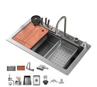 1 fregadero de cocina gris con cascada, grifo de cascada LED, 80 × 45 cm, encimera LED, tabla de cortar deslizante y lavavajillas de alta presión, compacto y multifuncional