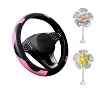 1 Funda Rosa para Volante Y 2 Adornos Florales, Funda Elástica para Volante, Funda Protectora para Volante De Moda, Decoración Interior del Coche