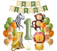 1.Geburtstag Deko Jungel Safari Partydeko für Jungen Mädchen Folienballon Nummer 1 mit Tierballons Zebra Monkey Löwe Gepard Ballongirlande Salvia Orange Giraffenmuster ballon Happy Birthday Banner