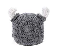 1 gorro de punto vikingo para bebé y adulto, diseño de cuernos de toro, de ganchillo, hecho a mano, gorro de punto divertido color gris, gris, S