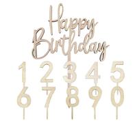 1 inserto Happy Birthday con 10 números decorativos para tartas y fiestas de cumpleaños, insertos reutilizables de madera