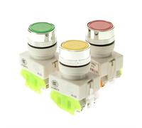 1 interruptor pulsador redondo de plástico de montaje de 22 mm, amarillo, verde y rojo, momentáneo o mantenido, 1 N/O y 1 N/C(50R,Momentary)