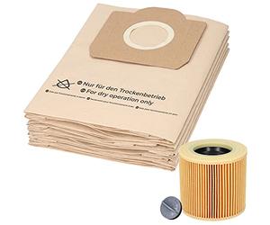 1 juego de 10 bolsas de aspiradora y 1 filtro de cartucho adecuado para aspiradoras multiusos Kärcher de las series WD3 y MV3