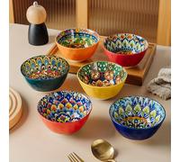 1 Juego de 6 Tazones Cerámicos - Microondas, Multicolor Retro en India/ con Patrones Mandala y Paisley, Platos Redondos para Sopa/Ramen//Postre/Ensalada Mesa del Hogar, Set Regalo ( Estilo Boho)