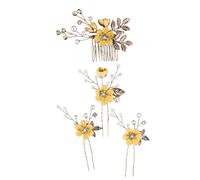 1 juego de accesorios para el pelo de novia, 1 peine de metal y 3 horquillas en forma de U con perlas y flores para el pelo con brillantes elegantes tocados para novias damas de honor, amarillo