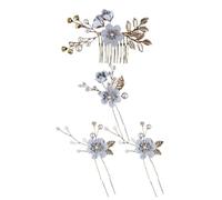 1 juego de accesorios para el pelo de novia, 1 peine de metal y 3 horquillas en forma de U con perlas y flores para el pelo con brillantes, elegante tocado para novias, damas de honor, azul claro