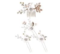 1 juego de accesorios para el pelo de novia, 1 peineta de metal y 3 pinzas en forma de U, perlas y flores, horquillas con brillantes elegantes tocados para novias, damas de honor, oro blanco
