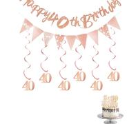 1 juego de decoración de 40 cumpleaños de oro rosa, banderines de fácil montaje, bandera triangular con 6 remolinos colgantes para decoración de fiesta de mujer