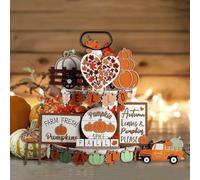 1 juego de decoración de bandeja escalonada de otoño, decoraciones de Acción de Gracias, decoración Holloween de calabaza, hoja de arce, camión, decoración de letrero de madera para otoño, suministros