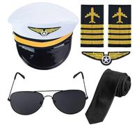1 juego de disfraz de piloto de Halloween con sombrero, lentes de sol, corbata para hombre, accesorio de disfraz de aerolínea de aviación
