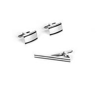 1 juego de gemelos y clip de corbata de latón chapado en latón con rayas clásicas cuadradas (plata/dorado) con bolsa de terciopelo para vestido, regalo, decoración de camisa, latón