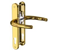 1 Juego de manijas para Puertas de PVC con Acabado Dorado PVD, Acero Inoxidable 304, Distancia Entre Ejes de 92 mm, Distancia Entre Orificios para Tornillos de 210 mm, lo