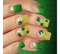 1 juego de uñas artificiales cortas con tréboles verdes degradados, diseño francés, seguro ABS, uñas postizas cortas y brillantes