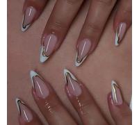 1 juego de uñas postizas artificiales con punta francesa a presión, color almendra, cobertura completa, suministros de manicura