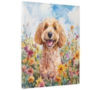 1 lienzo de perro con dibujo de perro dorado de primavera, arte de pared de 16 x 20 pulgadas, divertido arte de pared vertical de flores de cachorro para sala de estar, dormitorio, decoración de baño