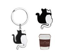 1 Llavero De Gato En Blanco Y Negro Y 2 Broches De, Taza De Café Y Tema De Gato, Cole De Estilo Minimalista, Decoración De Bolsa Curativa.