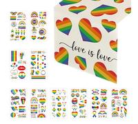 1 Mantel de arcoíris de corazón, 10 Pegatinas de Caras de arcoíris, Mantel de Fiesta del Orgullo, Camino de Mesa a Rayas de Colores, Camino de Mesa Largo, decoración de Mesa de Fiesta