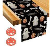 1 mantel impreso, 2 posavasos de calabaza, camino de mesa de Halloween, a rayas, decoración de mesa de cocina, mantel vintage, decoración de mesa de fiesta de Halloween
