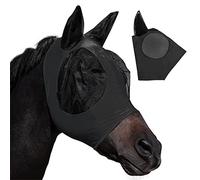 1 máscara antimoscas para caballos, máscara de caballo con orejeras, malla transpirable, anti-UV, antimosquitos, insectos, máscara de freno elástica (negro)