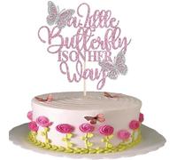 1 paquete de decoración para tartas de baby shower con purpurina plateada con texto en inglés "A Little Butterfly Is On Her Way", decoración de pastel con temática de revelación de género para recién