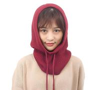 1 paquete de gorros de invierno para mujer, pasamontañas, gorro de punto con cordón ajustable, bufanda cálida con capucha, gorro de calavera, color granate