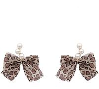 1 par de aretes para mujer, diseño de leopardo, tela con nudo de lazo, joyería a juego, aretes colgantes de perlas de imitación para mujeres y niñas, uso diario, juego de aretes simples a la moda