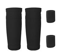 1 par de calcetines de fútbol para pantorrillas, 1 par de pulseras deportivas, calcetines para piernas con bolsillos, equipo de entrenamiento, adecuado para adolescentes y adultos (negro, sin escudo)