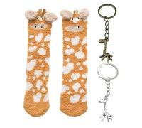 1 Par De Calcetines Y 2 Llaveros De Metal, Lindo Patrón De Jirafa, Cálido Y Grueso Vellón De Coral, Regalos para Niños, Adecuado para Ropa Divertida.