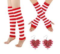 1 Par De Cubiertas De Brazo A Rayas Rojas Y Blancas, 1 Par De Cubiertas De Terneros, 1 Par De Aretes En Forma De Corazón De Lentejuelas, Accesorios De Moda Clásicos Para Mujeres.