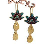 1 par de exquisitos pendientes de gota de flor de loto azul para mujer, joyería étnica, lágrima dorada, aretes colgantes de metal, regalo práctico