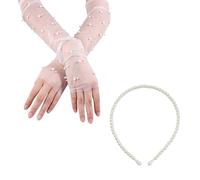 1 Par De Guantes De Malla De Perlas Y 1 Pieza De Diadema De Perlas, Guantes De Malla Larga, Guantes Simples Y Elees, Accesorios De Ropa.