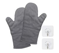 1 par de guantes grises, 2 ganchos, guantes a rayas punteados, guantes de cocina, guantes de algodón engrosados, antideslizantes y resistentes a altas temperaturas