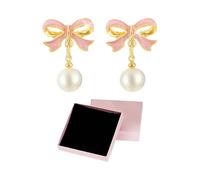1 par de pendientes de perlas, 1 caja de regalo, pendientes de perlas, pendientes de lazo, pendientes para mujer, pendientes hipoalergénicos, regalos exquisitos, Aleación, goteo de aceite