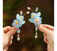 1 par de pinzas para el pelo de flores chinas Hanfu, pinzas de pelo vintage con borlas de flores, accesorios para el cabello para mujeres, novias, damas de honor (azul)