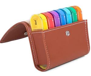 1 pastillero EWANTO en piel sintética marrón, para 7 días, 28 compartimentos, 7 compartimentos extraíbles, multicolor