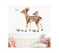 1 pcs Cute Fawn and Bird Butterfly Deer Wall Stickers, Cartoon Jungle Animals Wall Decals Removable Vinyl Peel and Stick for Kids Baby Nursery Livin