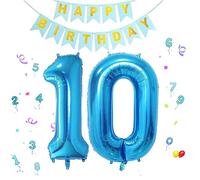 1 Pcs Globos de Cumpleãnos 10 Años Azul+Happy Birthday Guirnalda,100CM Foil Globo Número 10 Decoracion Cumpleaños Fiestas,Inflar con Helio o Aire,Globos Numeros Gigantes para Fiestas