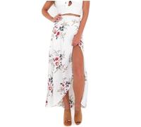 1 PCS Sommer Strand Röcke Für Frauen Bohemian Lace Up Blumen Druck Flowy Langen Rock Weibliche Lose Split Boho Rock (White, M)